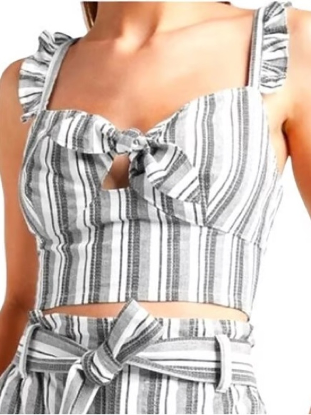 Express White and Gray/Black Striped Tie-Front Crop Top